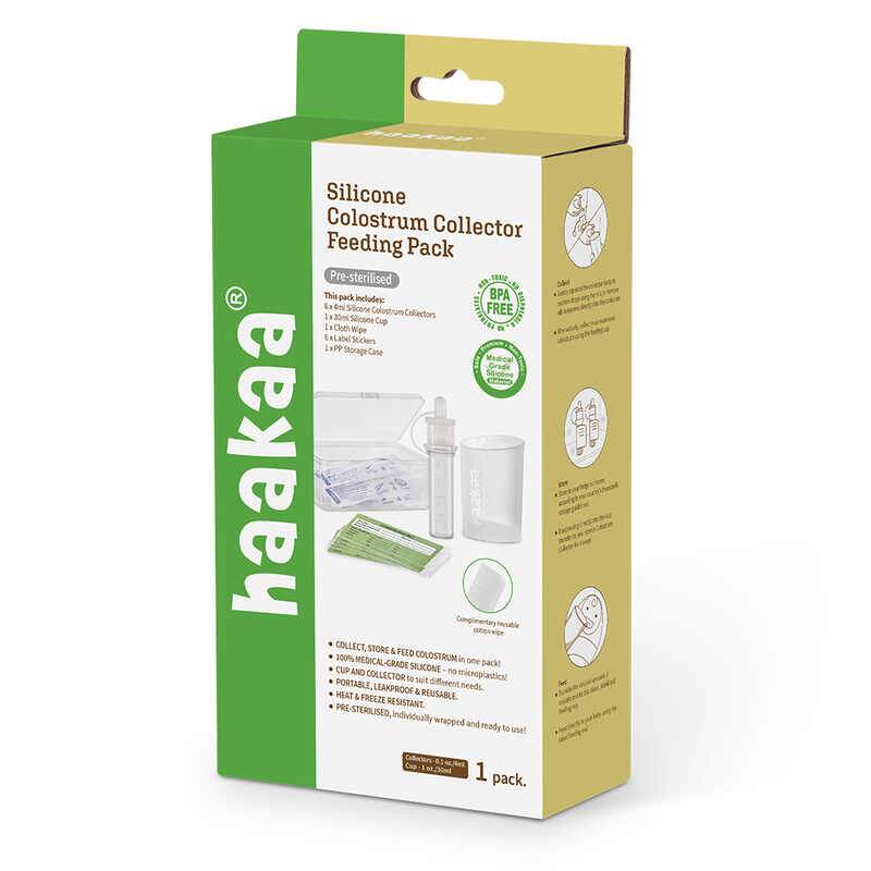 Haakaa Silicone Colostrum Collector Feeding Pack in pre-sterilised packaging, featuring a clear collector and storage