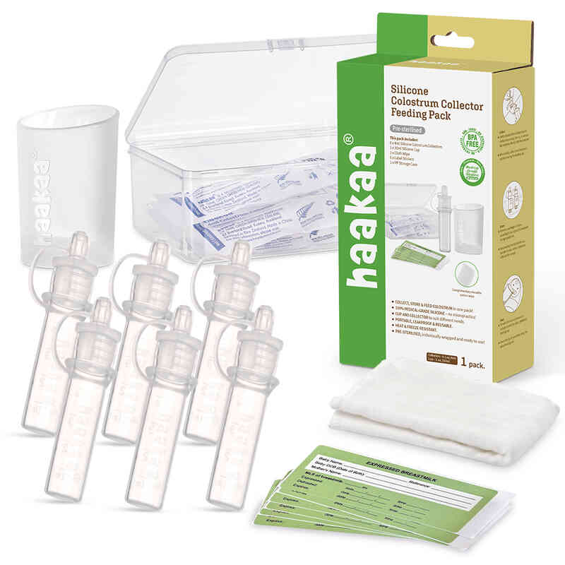 Haakaa Silicone Colostrum Collector Feeding Pack with six collectors, storage box, and pre-sterilised accessories.