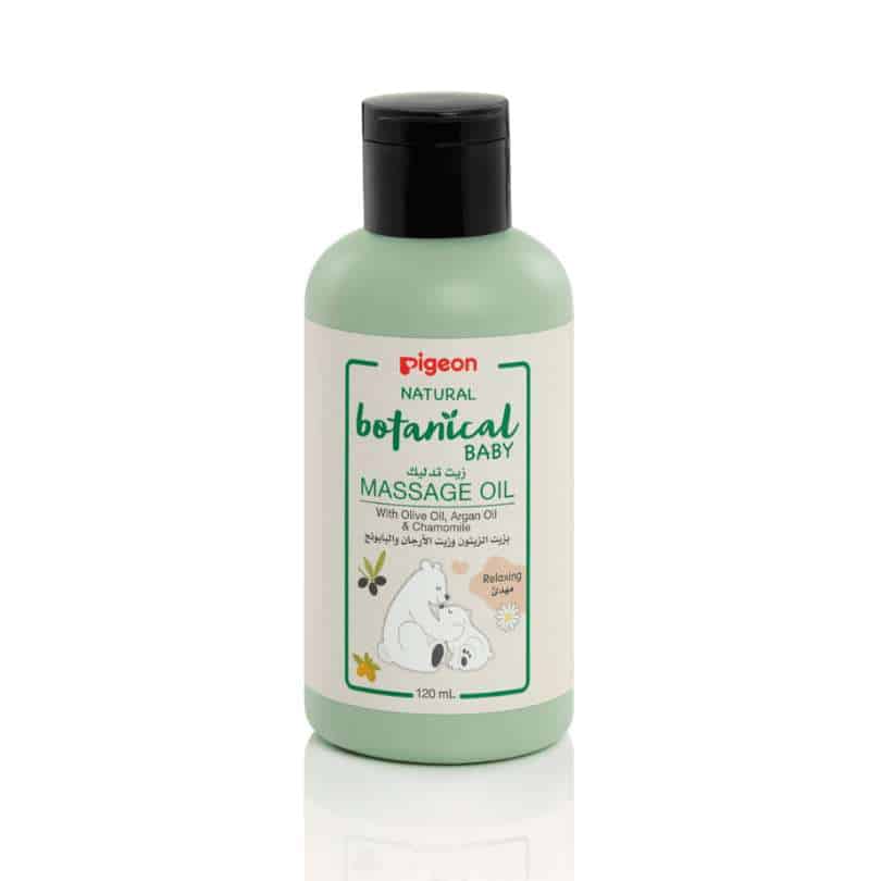 Pigeon Natural Botanical Baby Massage Oil 120ml in a green bottle with a black cap, featuring a calming design.