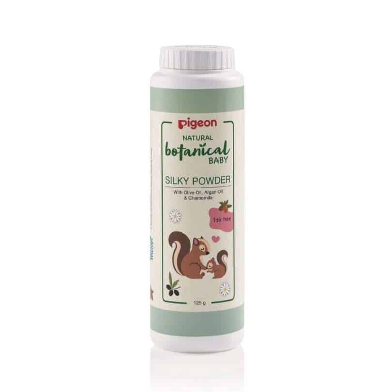 Pigeon Natural Botanical Baby Silky Powder 125 GM in a green and white bottle featuring a squirrel illustration.