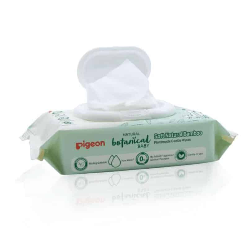 Pigeon Natural Botanical Plant Made Wipes, 70's, featuring soft natural bamboo material in a green packaging.