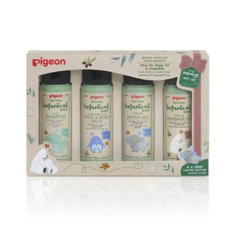 Pigeon Baby Travel Set Natural Botanical includes shampoo, head & body wash, water gel, and massage oil in a gift box.