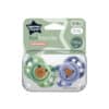 Tommee Tippee Fun Soother 6-18M 2Pk in green and purple with animal designs, includes a sterilizing case.