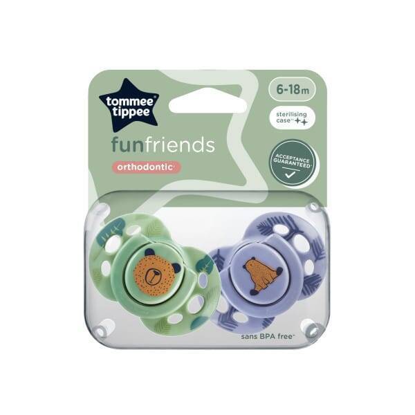Tommee Tippee Fun Soother 6-18M 2Pk in green and purple with animal designs, includes a sterilizing case.