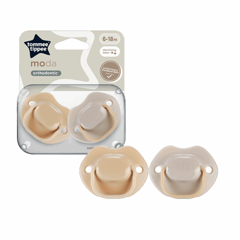 Tommee Tippee Moda Soother 6-18M 2Pk in neutral tones, featuring orthodontic design and a sterilizing case.