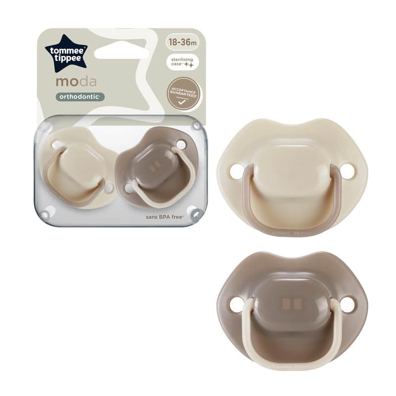Tommee Tippee Moda Soother 18-36M 2Pk in beige and taupe, featuring orthodontic design and BPA-free materials.
