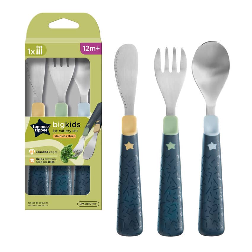 Tommee Tippee Grown Up 1st Cutlery Set 12M+, stainless steel utensils with rounded edges and colorful handles.