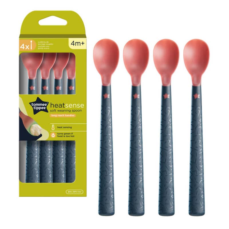 Tommee Tippee Heat Sense Weaning Spoon 4Pk featuring soft red spoon heads and textured blue handles, suitable for 4 months