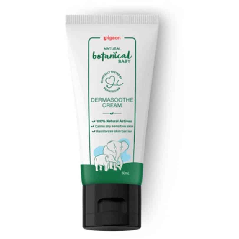 Pigeon Natural Botanical DermaSoothe Cream 50ml in a white tube with green accents, featuring an elephant illustration.