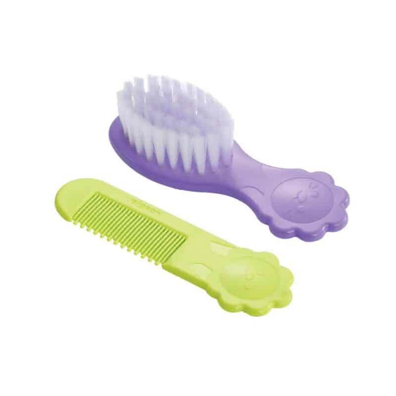 Pigeon Comb & Hairbrush Set in purple and green, featuring a soft bristle brush and a comb with a flower design.