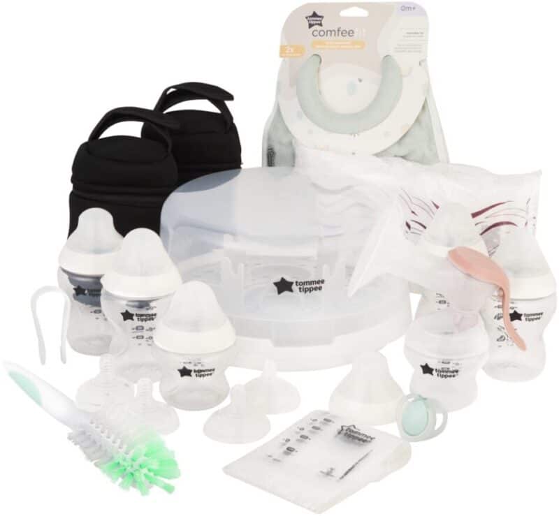 Tommee Tippee Microwave Sterilizer & Breast Pump Kit with bottles, accessories, and sterilizer container in a compact layout.