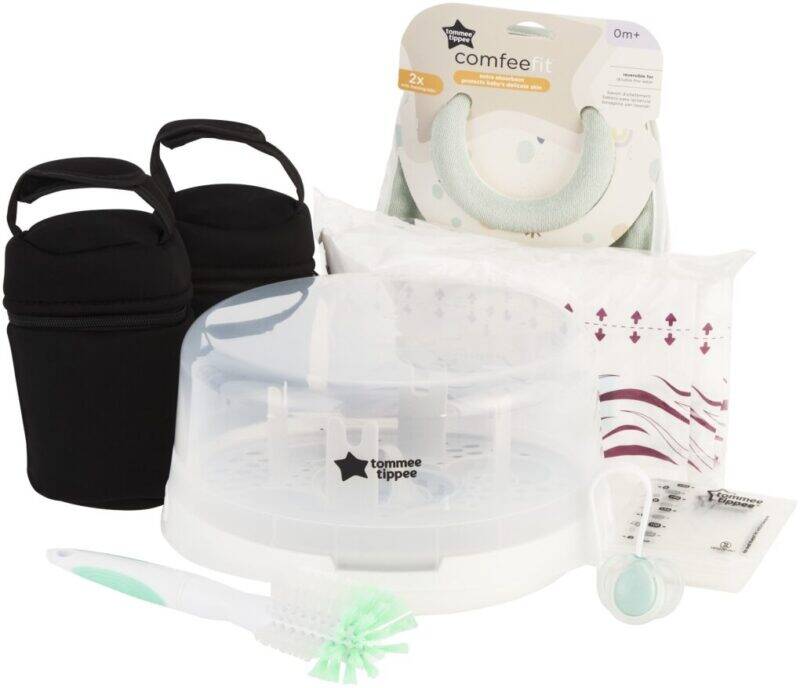 Tommee Tippee Microwave Sterilizer & Breast Pump Kit with two black storage bags, cleaning brush, and Comfee Fit breast pump.