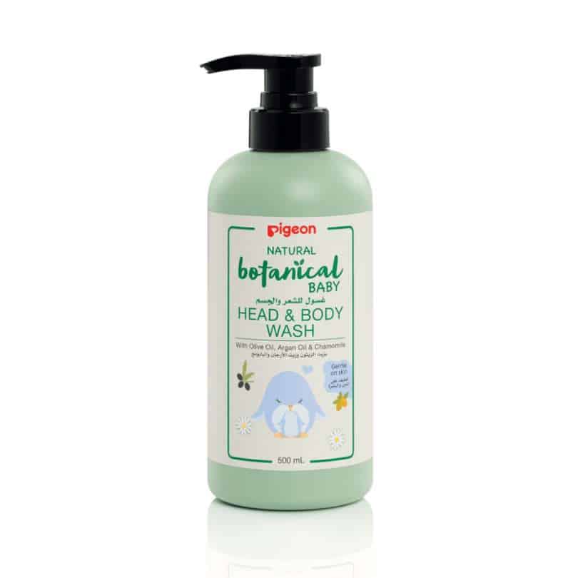 Pigeon Natural Botanical Head & Body Wash, 500ml, in a green bottle with a pump dispenser.