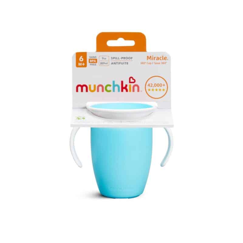 Munchkin Miracle 360° Trainer Cup in blue, 207ml, features spill-proof design and easy-grip handles. Suitable for ages 6
