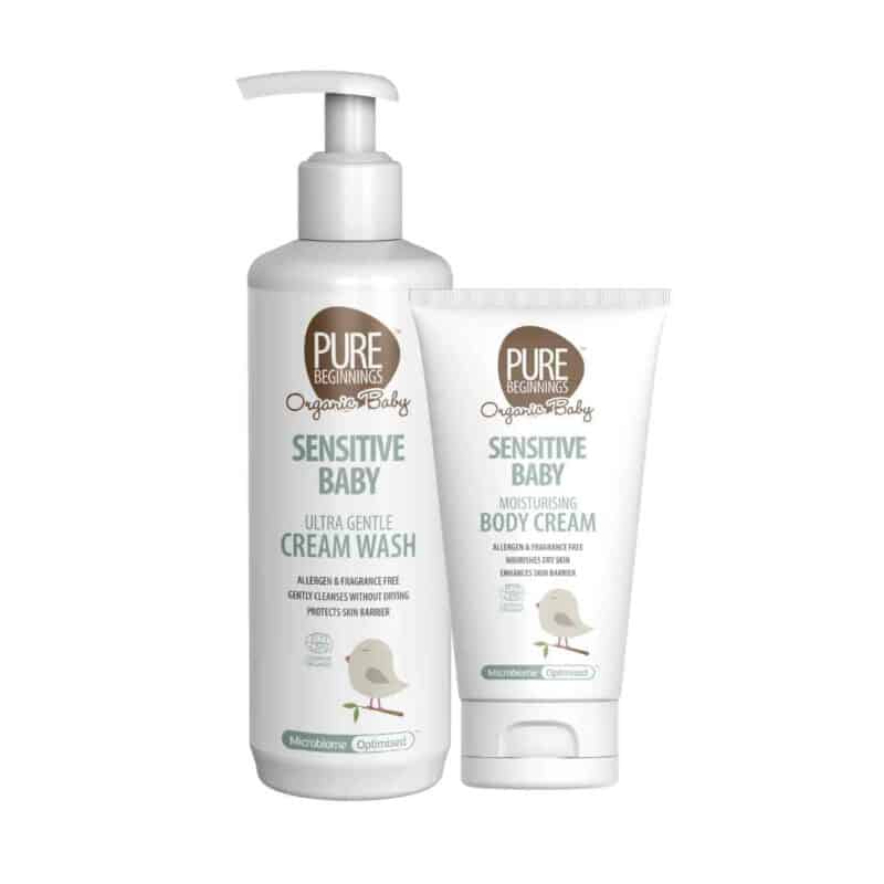 Pure Beginnings Sensitive Baby Bundle includes an ultra-gentle cream wash and moisturizing body cream for delicate skin.