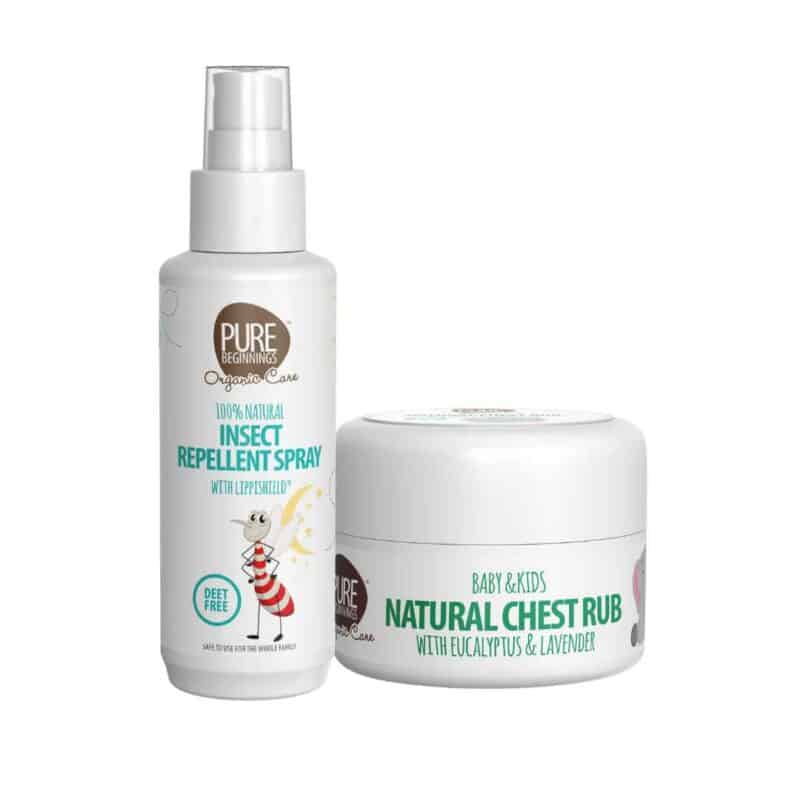 Pure Beginnings Family Care Bundle featuring insect repellent spray and natural chest rub with eucalyptus and lavender.