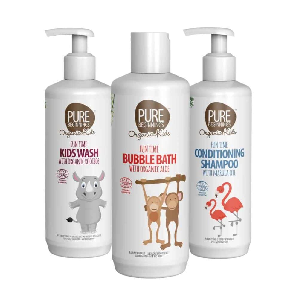 Pure Beginnings Fun Time Kids Bundle featuring kids wash, bubble bath, and conditioning shampoo with playful animal designs.