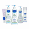 Mustela Newborn Arrival Set featuring five baby care products, including body lotion, cleansing gel, and shampoo.