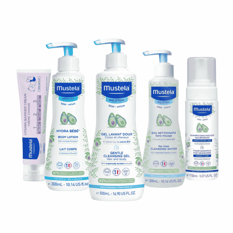 Mustela Newborn Arrival Set featuring five baby care products, including body lotion, cleansing gel, and shampoo.