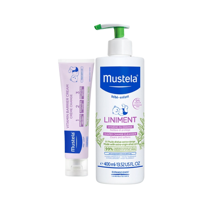 Mustela Diaper Care Bundle featuring a 400ml cleansing liniment and 100ml vitamin barrier cream.