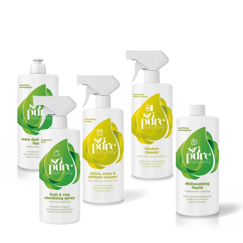 SoPure Kitchen Bundle featuring five eco-friendly cleaning products, including dishwashing liquid and vegetable sterilizing
