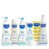 Mustela Normal Skin Daily Care Bundle featuring six products: gentle cleansing gel, shampoo, body lotion, facial cream, and