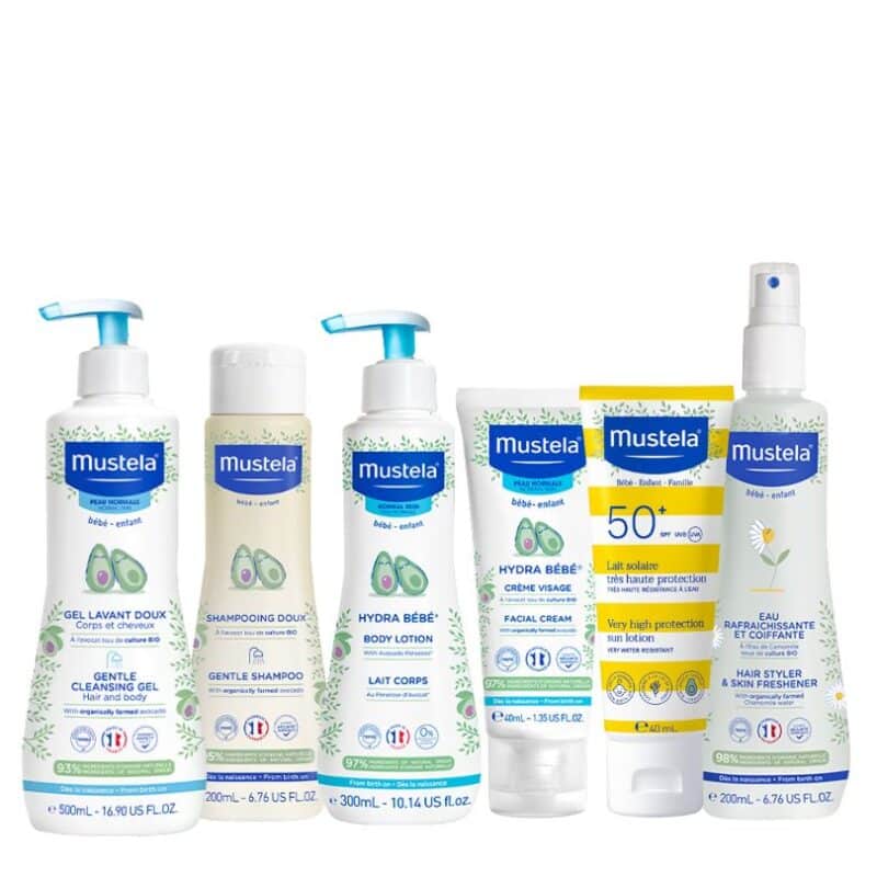 Mustela Normal Skin Daily Care Bundle featuring six products: gentle cleansing gel, shampoo, body lotion, facial cream, and