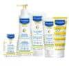 Mustela Dry Skin Daily Care Bundle featuring cleansing gel, nourishing lotion, and sunscreen for very high protection.