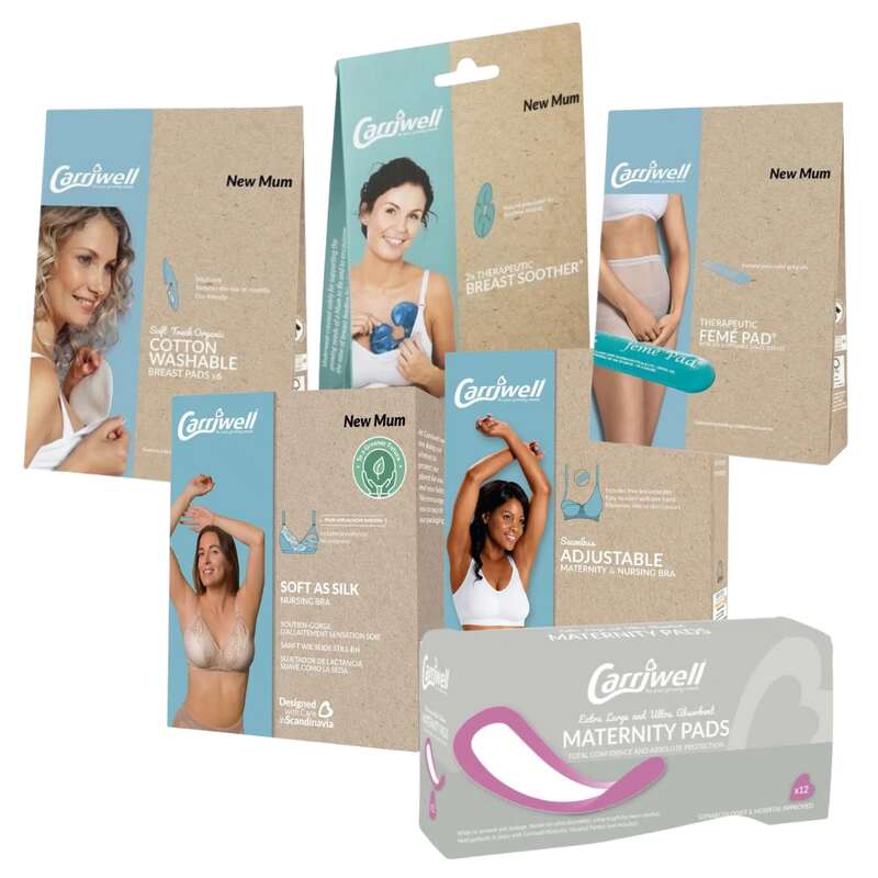 Carriwell New Mum Bundle featuring maternity pads, breast soothers, and washable breast pads in eco-friendly packaging.