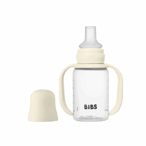 BIBS Baby Sippy Bottle Spout in Ivory, 150 ml, features soft silicone spout and easy-grip handles.