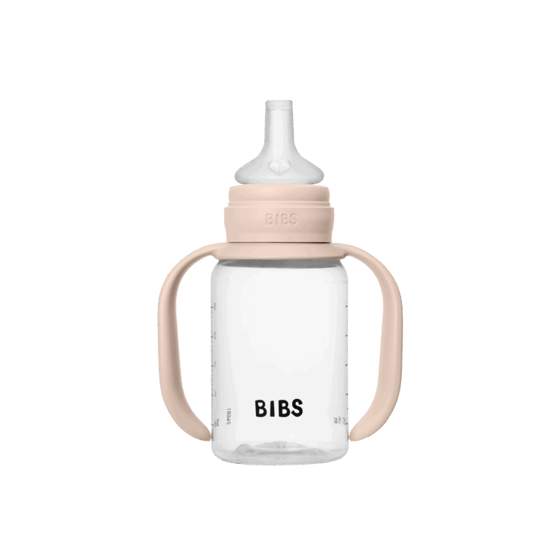 BIBS Baby Sippy Bottle in Blush with silicone spout and easy-grip handles, 150 ml capacity.