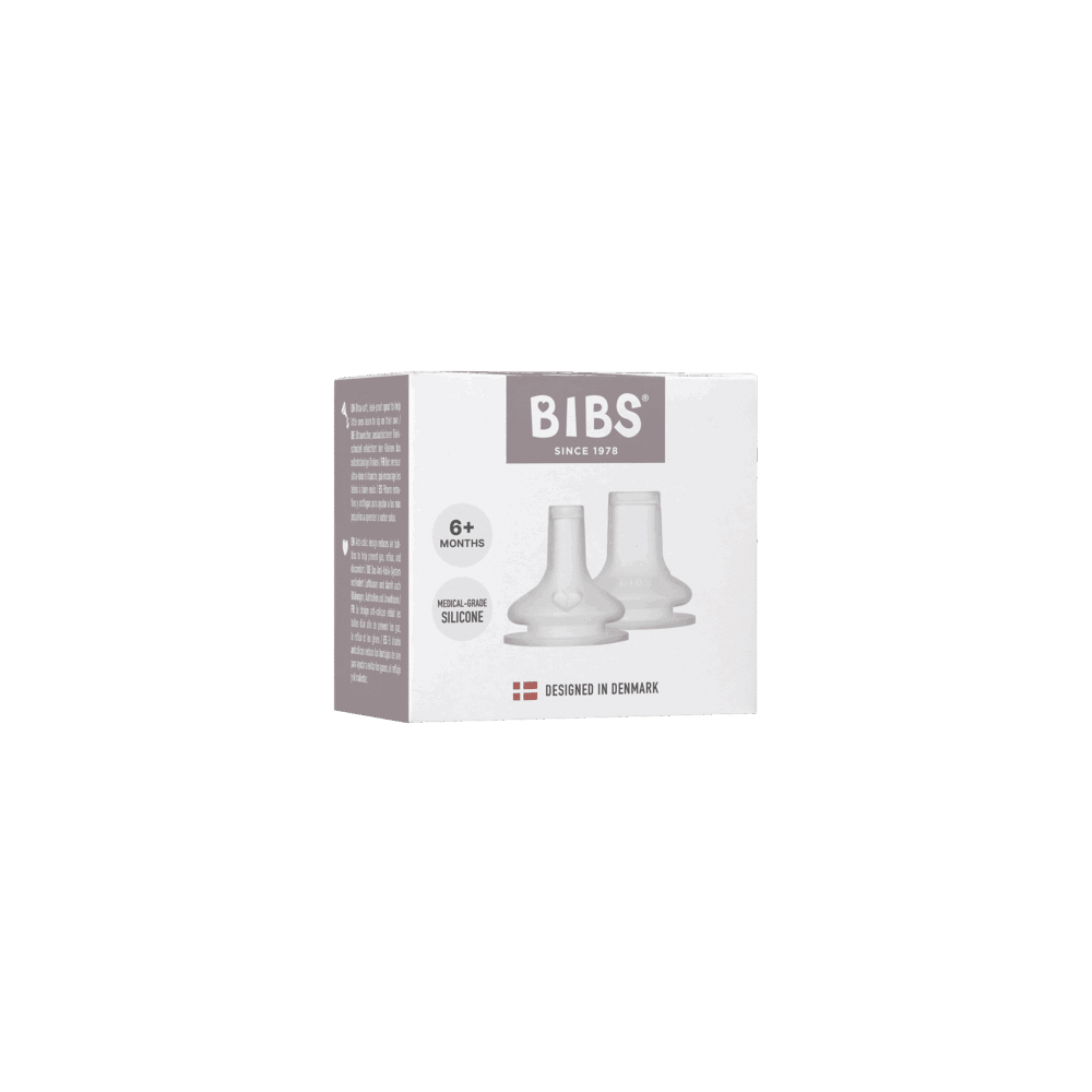BIBS Baby Bottle Spout Silicone in a 2 pack, designed for infants 6 months and up, featuring a soft silicone material.