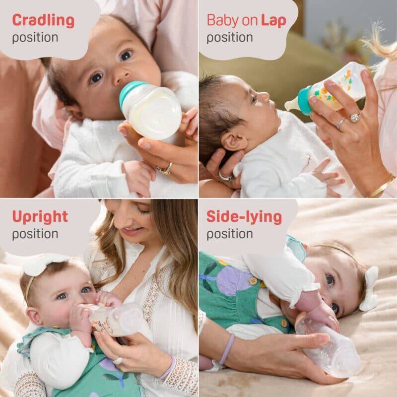 Pigeon Flexible Curved Bottle 250ml in beach color, shown in various feeding positions with babies and caregivers.