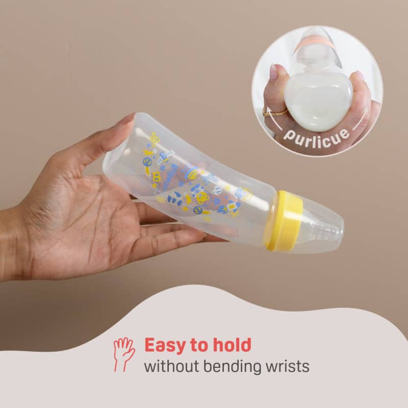 Pigeon Flexible Curved Bottle 250ml in beach color, designed for easy grip without bending wrists.
