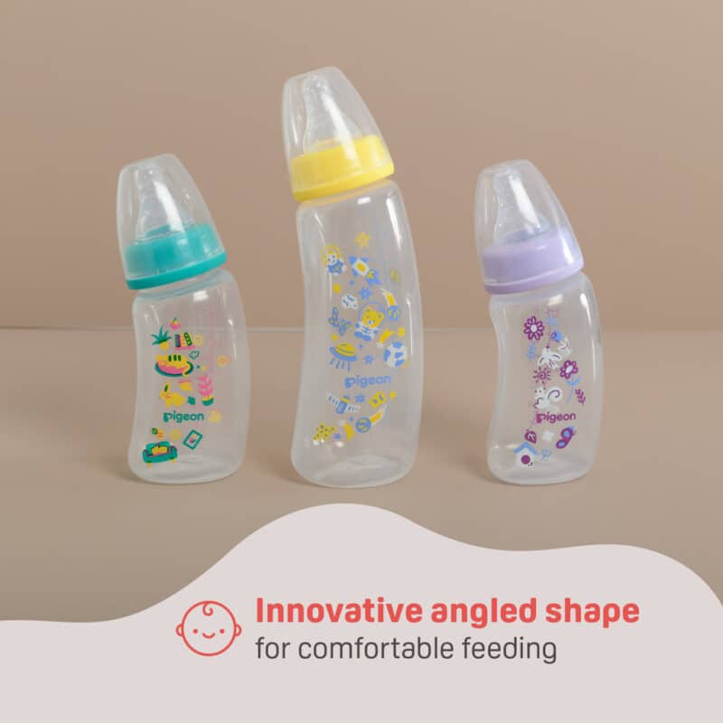 Pigeon Flexible Curved Bottle 250ml in beach, farm, and space colors, featuring an innovative angled shape for easy feeding.