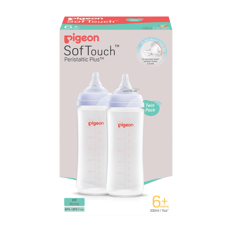 Pigeon Softouch Twin Pack 330ml baby bottles, BPA-free, featuring a peristaltic design for easy feeding.