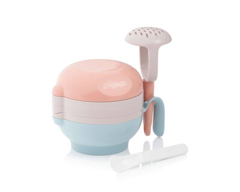 Pigeon Home Baby Food Maker in pastel pink and blue, featuring a stacking design with a spoon and a strainer.