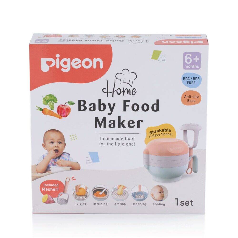 Pigeon Home Baby Food Maker in pastel colors with anti-slip base, includes masher and designed for homemade baby food.