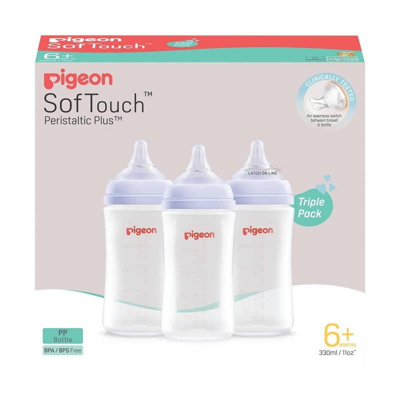 Pigeon Softouch Triple Pack, three 330ml PP baby bottles, featuring a soft teat for easy feeding.