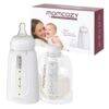 Momcozy Disposable Baby Bottle Kit featuring a white baby bottle and milk storage bag, with packaging in the background.