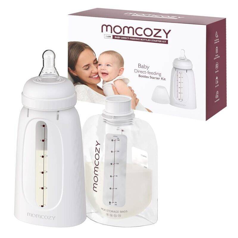 Momcozy Disposable Baby Bottle Kit featuring a white baby bottle and milk storage bag, with packaging in the background.