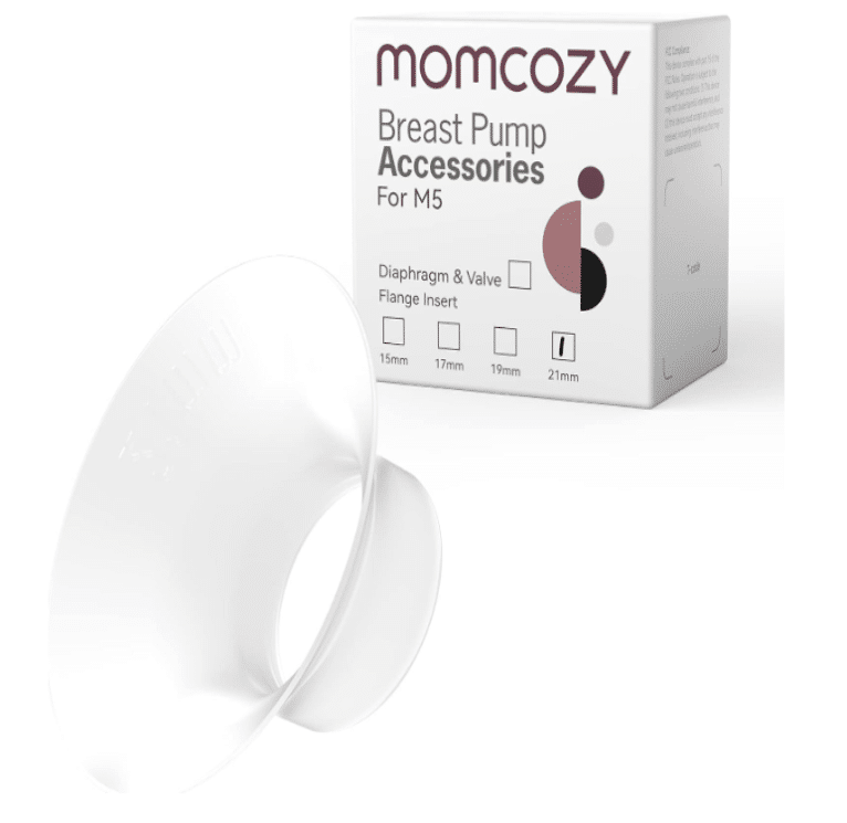 Momcozy Flange Insert for M5, available in 17mm, 19mm, and 21mm sizes, white with a packaging box in the background.