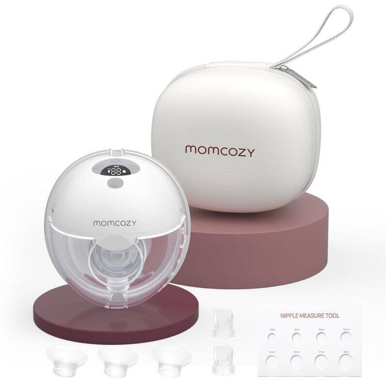 Momcozy Single Wearable Electric Breast Pump M5 in Cozy Red with a carrying case and nipple measure tool.
