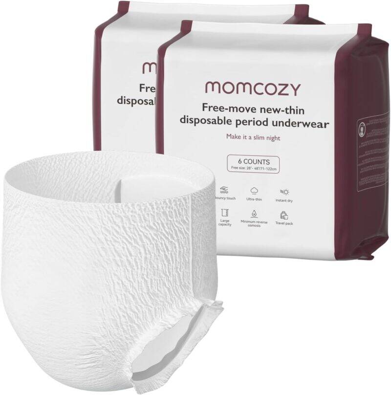 Momcozy Postpartum Disposable Underwear in white, featuring a slim design, with two packs containing six pairs each.