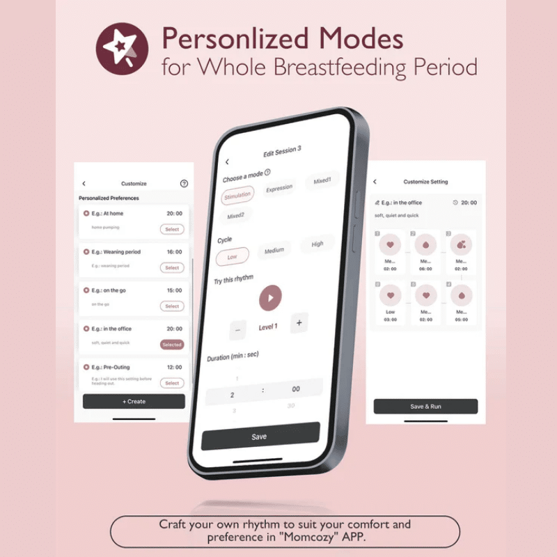 Momcozy Wearable Hands Free Mobile Flow Breast Pump M9 Double app interface showing personalized modes and settings options.