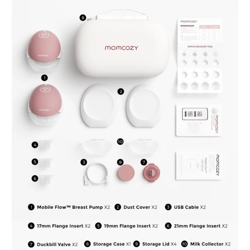 Momcozy Wearable Hands Free Mobile Flow Breast Pump M9 Double in pink with accessories laid out on a white background.