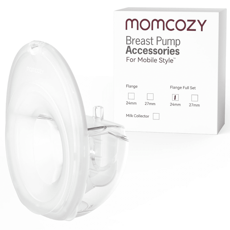 Momcozy M6 Full Set Collector Cup, clear with flange sizes 24mm and 27mm, includes milk collector box.