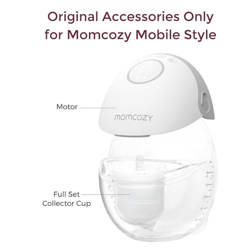 Momcozy Mobile Style M6 Full Set Collector Cup with a clear design and white motor, ideal for efficient milk collection.