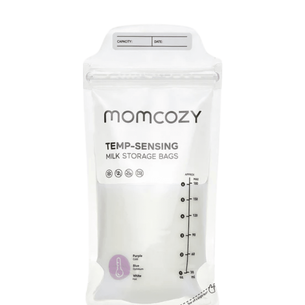 Momcozy Breastmilk Storing Bags, 50-pack, clear design with temp-sensing feature for easy milk storage.