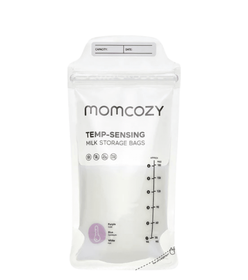 Momcozy Breastmilk Storing Bags, 50-pack, clear design with temp-sensing feature for easy milk storage.